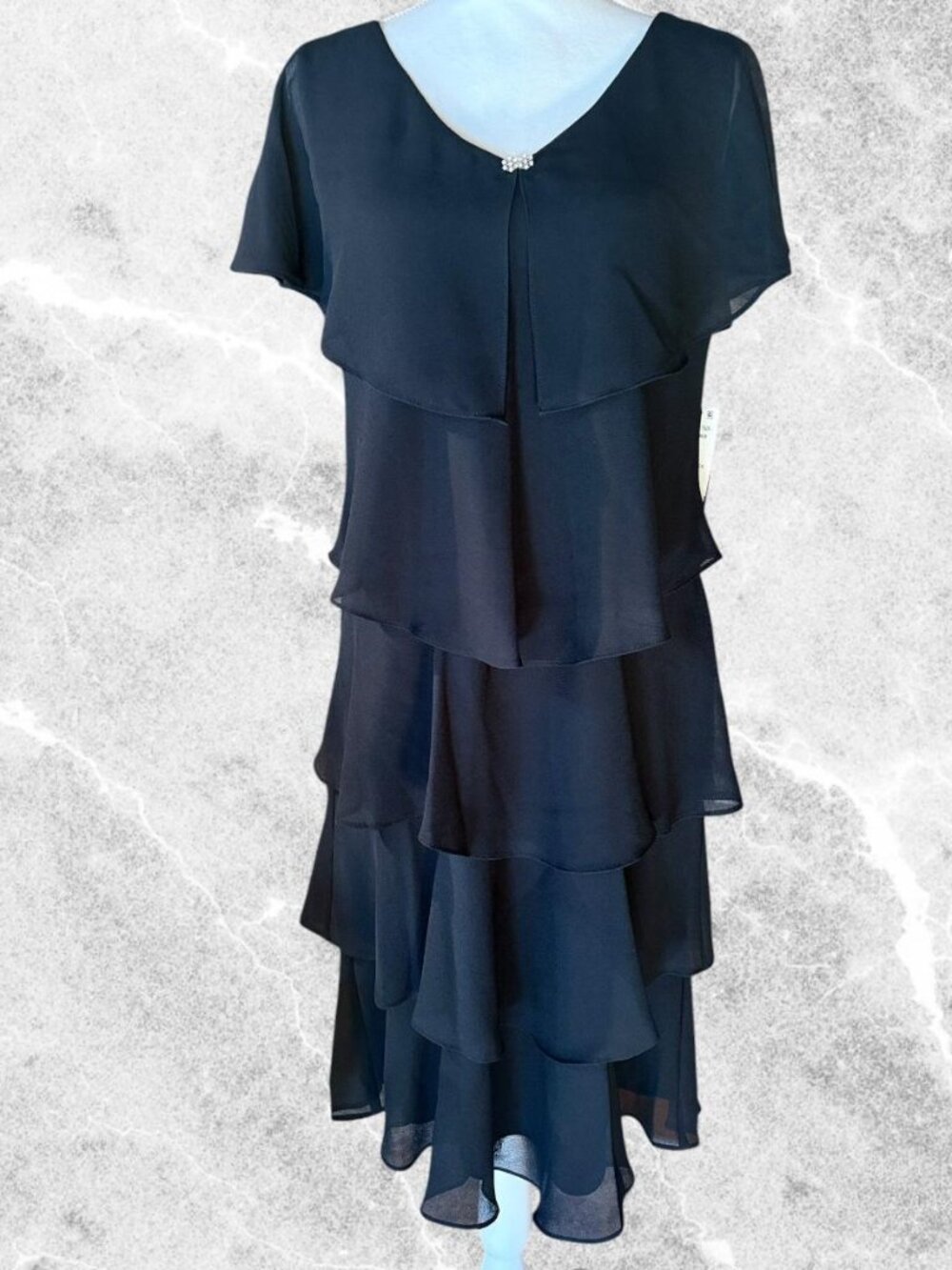 SL Fashions Dress Womens 14 Black Ruffle Formal Midi Rhinestone NWT